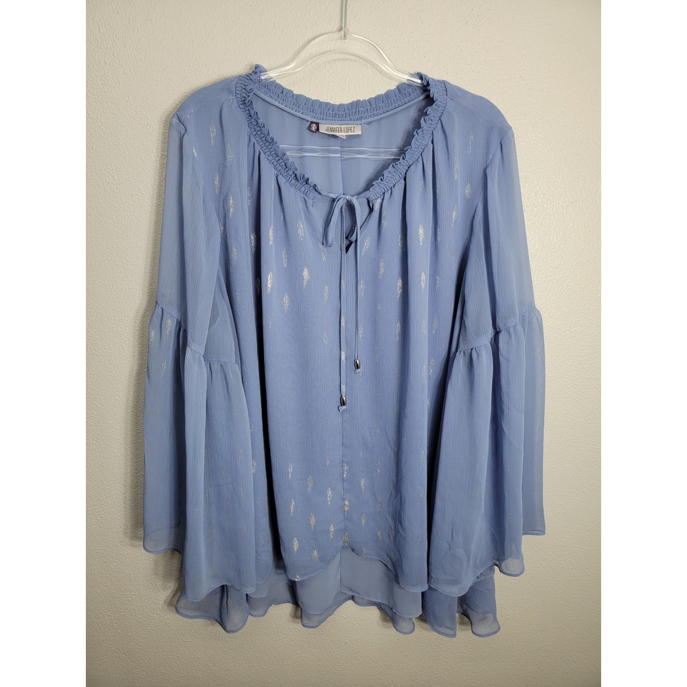 Jennifer Lopez Women 3X Blouse Blue Metallic Foil Bell Sleeve Boho Ruffle Top - Picture 2 of 7